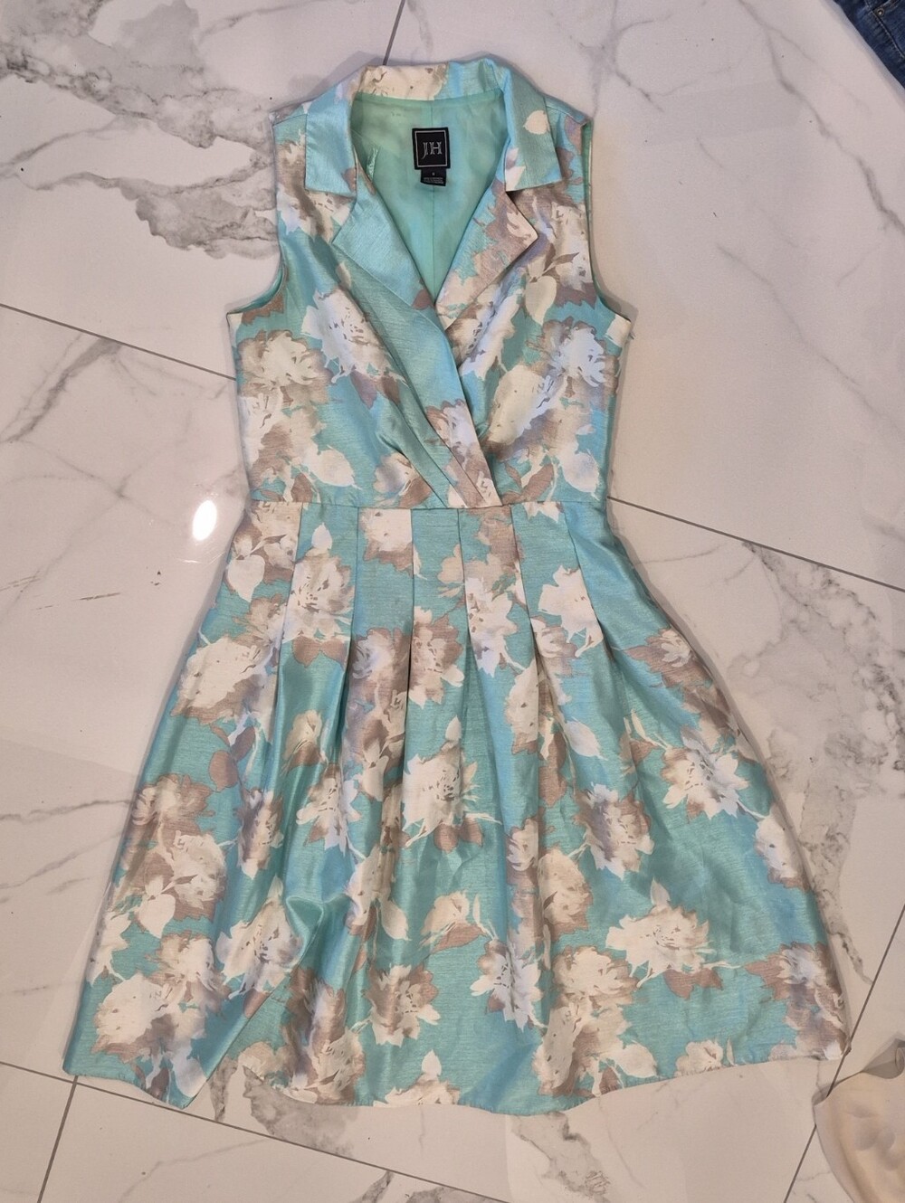 JH Sleeveless Floral A-Line Dress in Aqua and Cream Nwot